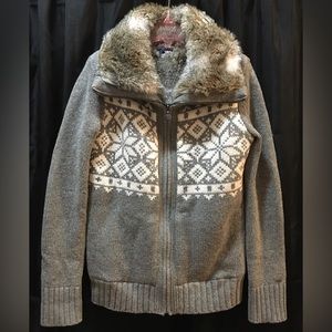 Tommy Hilfiger - Wool Blend Faux Fur Lined Knit Cardigan Fair Isle Print - M